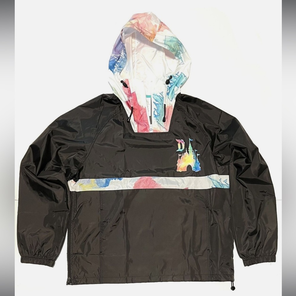 Disneyland Windbreaker Rain Jacket Hood Black Rainbow Pastels Tie Dye DISNEY